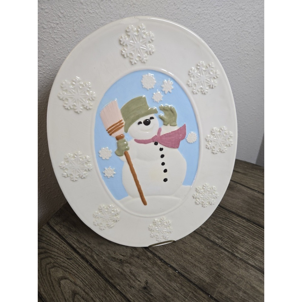 Vintage Large Embossed Oval Snowman Snowflake Platter 14"x11" Christmas READ